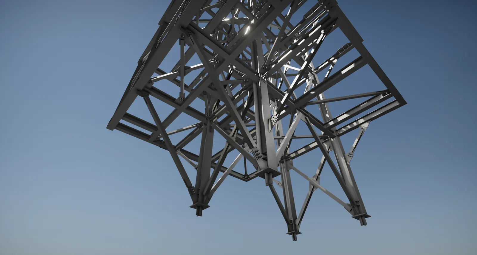 Render 3D de pipe rack vertical en acero — proyecto Geonac Ingeniería
